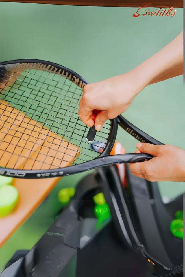 Close-up of hands attaching a tennis racket vibration dampener to a black strung racket.