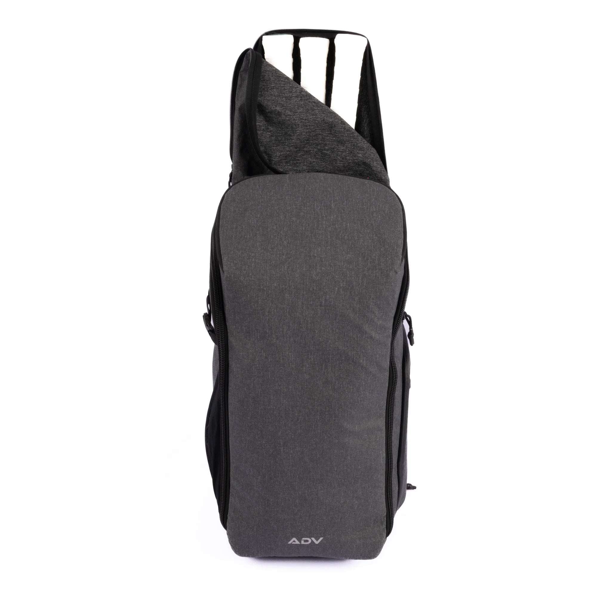 Gray tennis bag designed to hold 3 racquets, featuring a sleek and durable design with ADV branding.