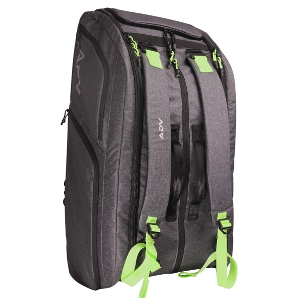 Tennis racket backpack with padded straps and neon green accents, designed for comfort and gear organization.