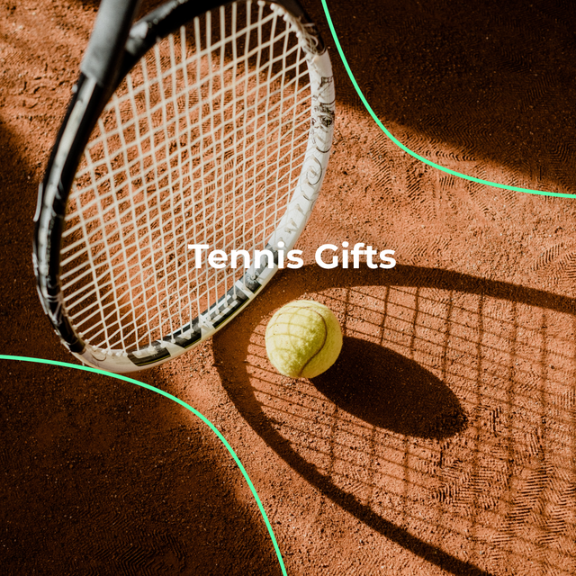 Tennis Gifts Ideas for a tennis players and tennis lovers. Tennis racket shown on a clay court with a headline "tennis gifts"