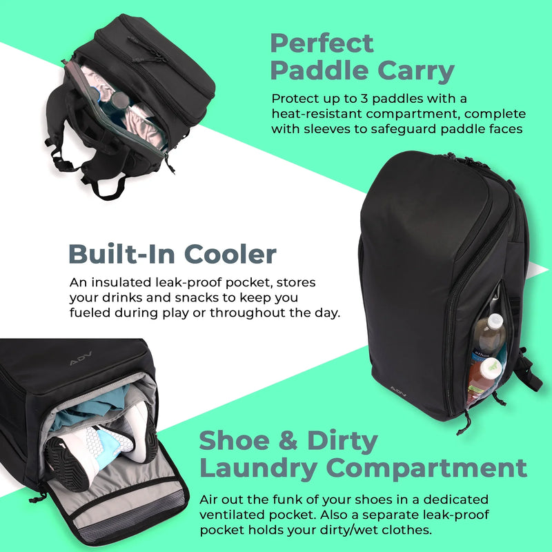 Pickle ball bag with paddle storage, built-in cooler, and ventilated compartment for shoes and dirty laundry.