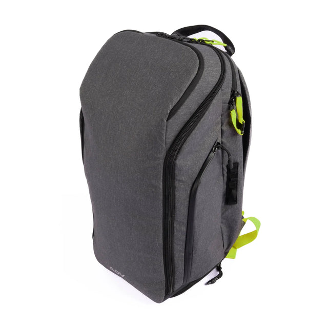 Tournament tennis backpack in sleek charcoal gray with neon accents, featuring multiple zippered compartments and a structured design for carrying rackets, gear, and essentials with organized efficiency.
